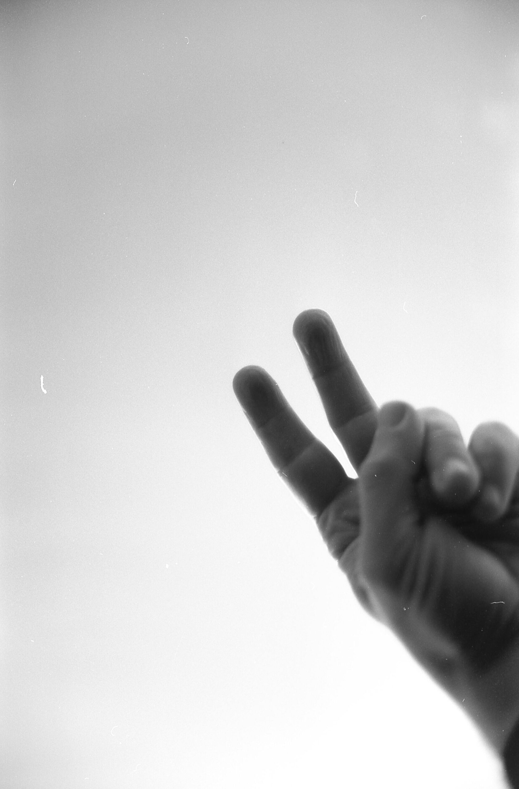 Black and white close-up of a hand showing a peace sign.